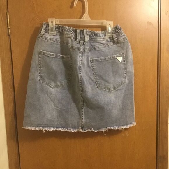 Light Wash Denim Jean Unfinished Raw Hem Drawstring Destroyed Mini Skirt - Picture 2 of 8